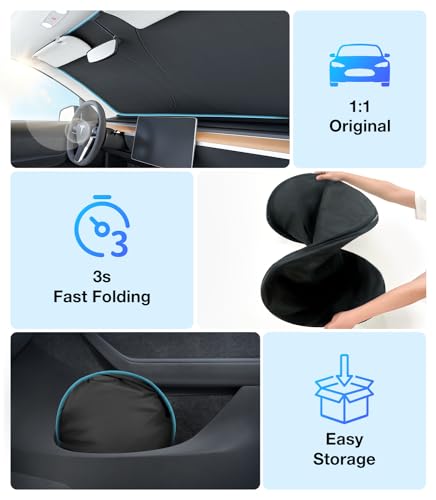 2025 Upgraded Tesla Model Y Windshield Sunshade [OEM Design, 100% Sun Blockage] Foldable Heat Insulation Sunshade with Storage Bag, for Model Y 2016~2025, New Model Y Juniper - Thumbnail 6