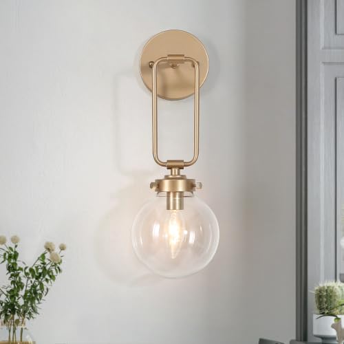 Image of KSANA Modern Gold Wall Sconce, 1-Light Sconce Wall Lighting with Globe Glass Shade Bedside Mounted Lamps Hardwired for Bathroom Hallway Entryway, 14.5 inch H