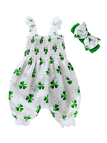Infant Toddler Baby Girl Clover Romper St Patrick 's Day Jumpsuit One Piece Bodysuit Onesie Tops with Headband Clothes Outfit (White, 0-6 Months)