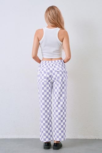 Womens Checkered Pants Zip Off Plaid Gingham Pants Casual Elastic High Waist Straight Leg Jeans with Pockets Purple White2