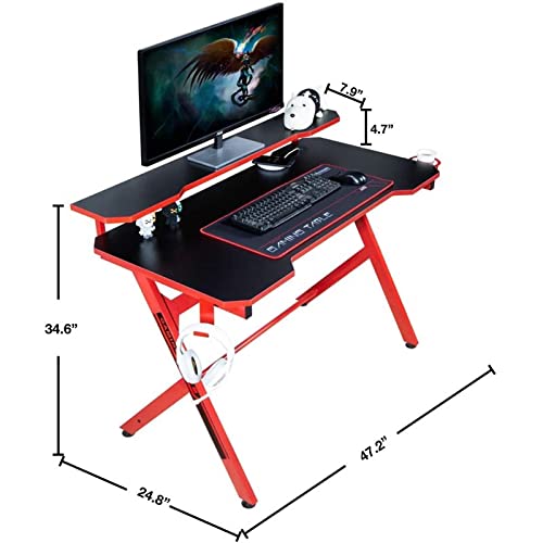 Jjs 48" Home Office Gaming Computer Desk With Removable Monitor Stand, R Shaped Large Gamer Workstation Pc Table With Cup Holder Headphone Hook Speaker Storage Free Mouse Pad, Black/Red #TOP2