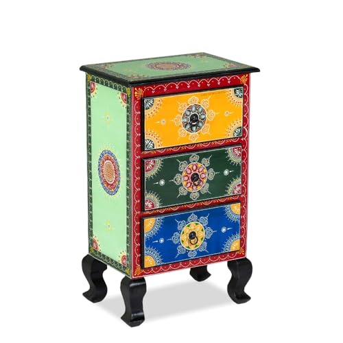 Image of Wooden Bedside Table for Bedroom | 3 Drawer Side Table | Handpainted Rajasthani Chest of Drawers | Solid Wood Small Bedside Table with Drawer Storage for Living Room (Handpainted-2)