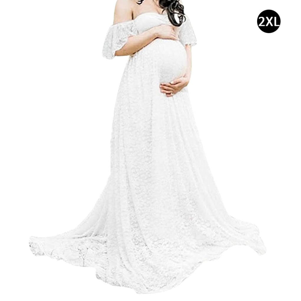 Robe de Photographie de maternité Fantaisie en Dentelle, Robe Grossesse Florale à épaules dénudées pour Femme Blanc 2XL