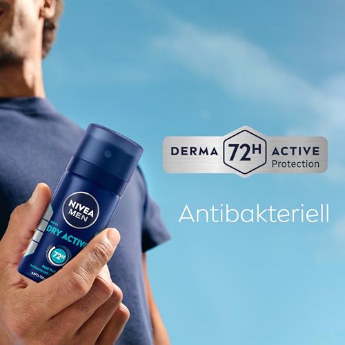 NIVEA MEN Dry Active Deo Spray Reisegröße, Deodorant mit 72h Anti-Transpirant-Schutz für ein trockenes Hautgefühl, antibakterielles Deospray ohne Ethylalkohol (35 ml)