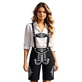 Lederhose Damen Tracht Schwarz, Trachtenhose Damen Kurz Schwarz Trachtenlederhose Stickerei Regular Bequem Bierfeste Shorts Trachtenjeans Für Oktoberfest Bayerische Outfit