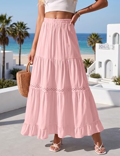 Zelroxa Long Cotton Skirts for Women Summer Boho Maxi Flowy Lace Crochet A Line Tiered Pleated High Waisted Beach Vacation Midi Linen Skirts 2026 Trendy Clothes Outfits Pink — view 3