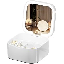 Portable Jewelry Box with LED Mirror, White, 3.5 x 3.5 x 1.8 inches, Travel Size Organizer