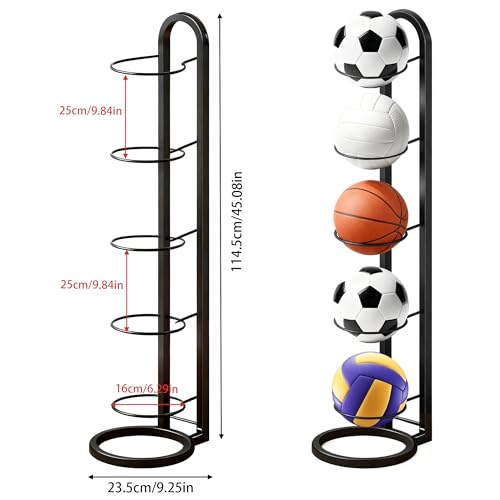 5 Lagiger Ballständer, Ballhalter aus Metall, Vertikale Ballregal, Ball Ständer Herausnehmbare, Ball Aufbewahrung, Ballständer Display Halter, Geeignet für Basketball, Volleyball, Fußball (Schwarz)