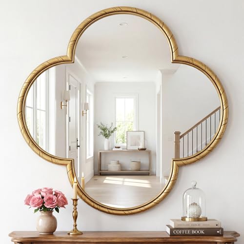 Gold Decorative Wall Mirror - Modern Large Scalloped Retro Gold Quatrefoil Mirror Decor,Glam Symmetrical Wavy Mirror for Entryway, Fireplace, Living Room, Hallway, Bathroom,31.5" Metal Frame