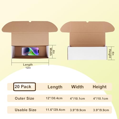 Image of WIFTREY 12x4x4 inches Shipping Boxes Pack of 20, White Corrugated Cardboard Box 12 inchL x 4 inchW x 4 inchH for Shipping, Packaging, Moving, Mailing