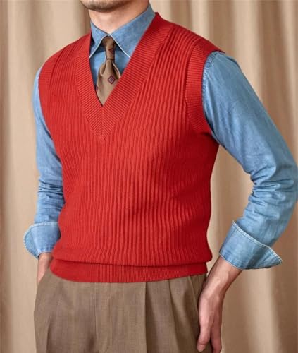 Men’S Casual V-Neck Wool Sweater Vest Striped Thick Slim Fit Sleeveless Pullover4