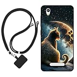Sunrive Hülle Kompatibel mit ZTE Blade A452 Hülle,matt Handyhülle Schutzhülle Etui Karikatur Muster TPU Backcover (Mond,Sterne,Katze) +1x Universale Handykette MEHRWEG
