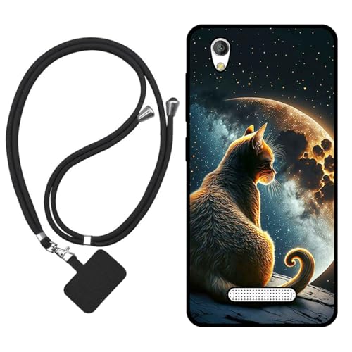 Sunrive Hülle Kompatibel mit ZTE Blade A452 Hülle,matt Handyhülle Schutzhülle Etui Karikatur Muster TPU Backcover (Mond,Sterne,Katze) +1x Universale Handykette MEHRWEG