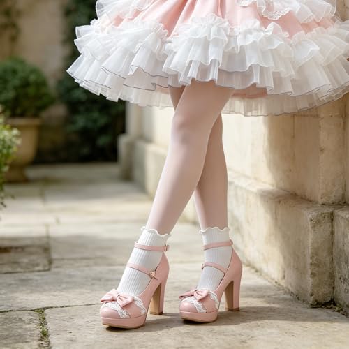 Image of MEOTINA Cute Bow Heels Mary Janes Shoes Women Dress Platform Strappy High Heels Kawaii Shoes