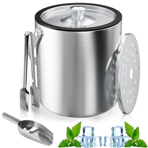 Eiswürfelbehälter, 3L Eisbehälter rund mit Sieb und Eiszange, Eiswürfelbehälte, Edelstahl Eisbehälter, Eiskübel mit Schaufel, Doppelwandiger Lsolierter Eiseimer, zum Kühlen von Bier Champagner Wein Eiswürfelbehälter, 3L Eisbehälter rund mit Sieb und Eiszange, Eiswürfelbehälte, Edelstahl Eisbehälter, Eiskübel mit Schaufel, Doppelwandiger Lsolierter Eiseimer, zum Kühlen von Bier Champagner Wein