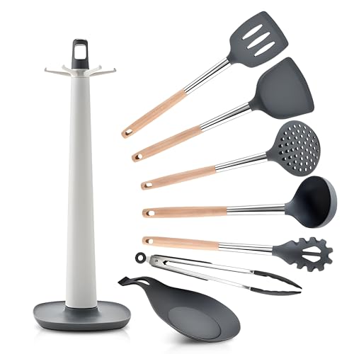 Silicone Cooking Utensils Set - 446°F Heat Resistant 8 Pcs Cooking Set With Wooden Handles- Non Stick and Non Scratch Silicone Kitchen Spatulas Set