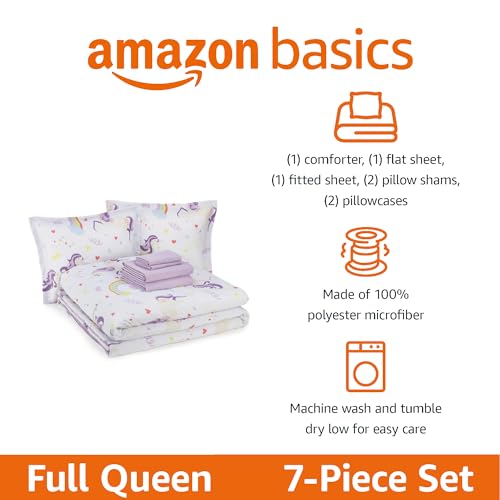 Image of Amazon Basics 7-Piece Soft, Easy-Wash Microfiber Kid's Bed-in-a-Bag Bedding Set with Sheet and Comforter, Full /Queen, Unicorn Print