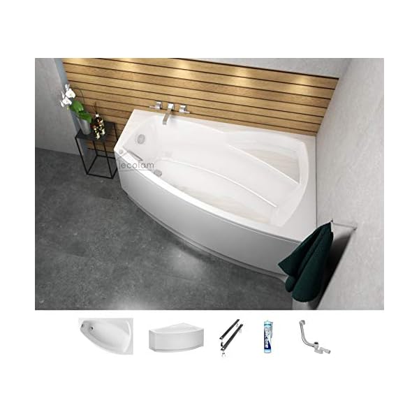 ECOLAM Badewanne Eckbadewanne Acryl Frida Polimat weiß 140x80 cm RECHTS + Schürze Ablaufgarnitur Ab- und Überlauf Automatik Füße Silikon Komplett-Set