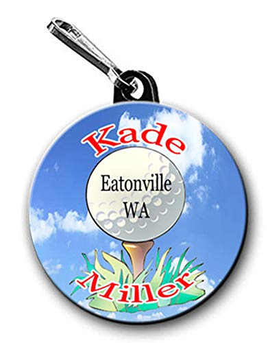 Golf Zipper Pulls Set of Two 1.5 Inch Button Charms Personalized with The Name and City/State of Your Choice