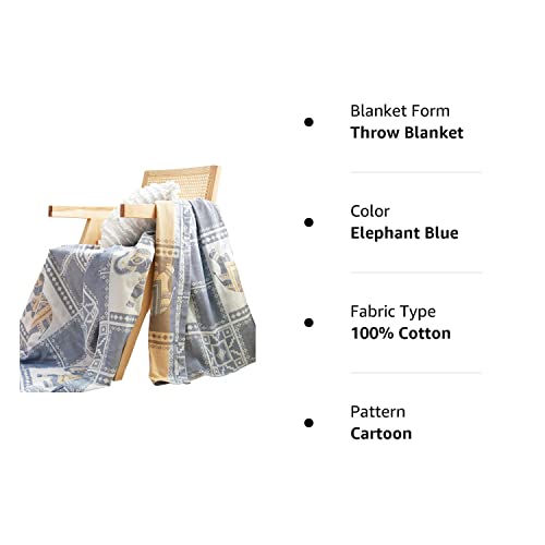Meju Elephant Check Geometric Muslin Lightweight Summer Blanket For Bed Sofa Couch, 100% Combed Cotton 2 Layer Soft Warm Quick Dry Throw Blanket Bed Coverlet Sheet (Elephant Blue, F/Q 78" X 90") #TOP5