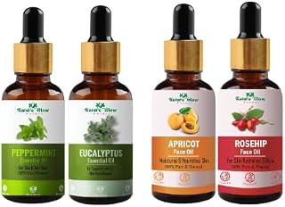 PEPPERMINT, EUCALYPTUS Essential Oil & APRICOAT, ROSEHIP Facial Oil (Pack of 4) -60ml