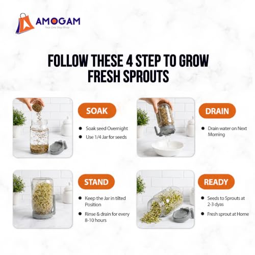 Image of Sprouts Maker Glass Jar - 950ml Large Sprouts Maker Jar for Home Use | BPA-Free Sprouting Jar with Drain Lid Handle | Reusable Glass Sprout Maker Jar for All Seeds and Beans(GREY)