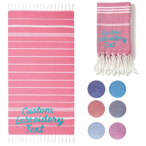 CHARMMYFASHION Serviette de Plage Brodée Personnalisé,Fouta Rayée avec Franges 95 x 180 cm,100% Coton,Brodée Prénom Serviette de Plage Personnalisée