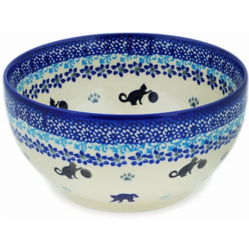Authentic Polish Pottery Bowl 7-inch in Kitty Paw Play Time Design Handmade in Boles?awiec Poland by Ceramika Bona + Certificate of Authenticity