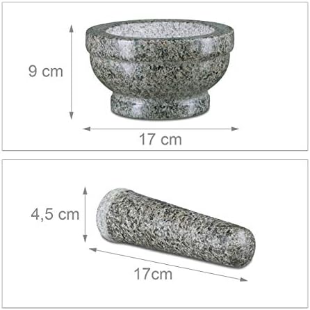 Relaxdays Granit Mortar & Pestle, 17 cm Diameter, Robust & Durable, Herb Grinder, Polished Stone, Grey, 19 x 17 x 14 cm