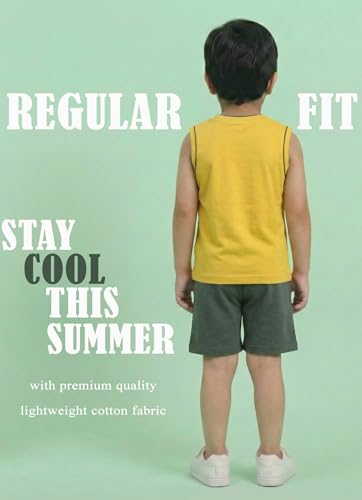 Image of Pure Cotton Sleeveless T-Shirt and Half Pant Set for Boys Kids| Kids boys tshirt and half pant set| Coordinated Set for Unisex kids| Roundneck Tees| Lightweight and Breathable