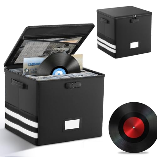 Boîte de rangement ignifuge et étanche pour disques vinyles avec serrure, pliable de 30,5 cm, grande boîte de rangement pour disques vinyles noir, pour plus de 100 disques vinyles, CD et fichiers