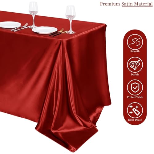 Image of TURSTIN 1 Pack Burgundy Satin Tablecloth 102 x 58 Inch Overlay Table Cover