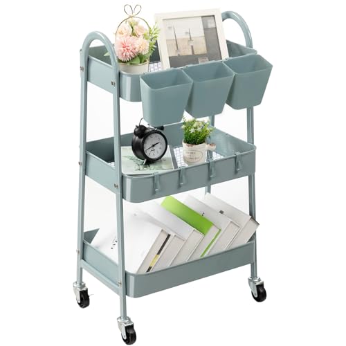 danpinera 3-Tier storage trolley, Metal storage cart with Lockable Wheels & Hanging Cups & Hooks, storage trolley on wheels for bathroom, kitchen, craft, beauty, Dusty blue