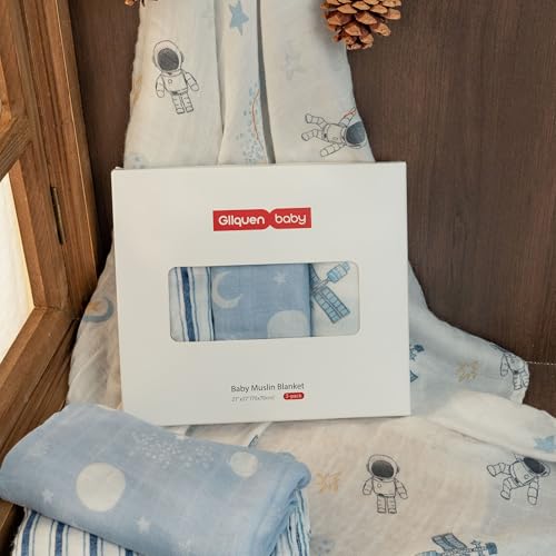 Image of GLLQUEN BABY Receiving Blanket Boy Cotton Muslin Swaddle Blankets Girl Newborn Squares Breathable & Soft Thin Baby Blankets Cloths Double Absorbent Infant Swaddling Wrap - 3 Pack (Blue Astronaut)