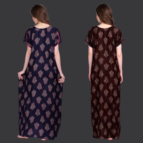 Image of Women's Alpine Botanical Leaves Print Maxi Nightgown with Pocket