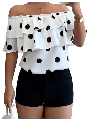 GORGLITTER Women's Off The Shoulder Tops Polka Dots Ruffle Trim Dressy Casual Blouse Multicolor Medium
