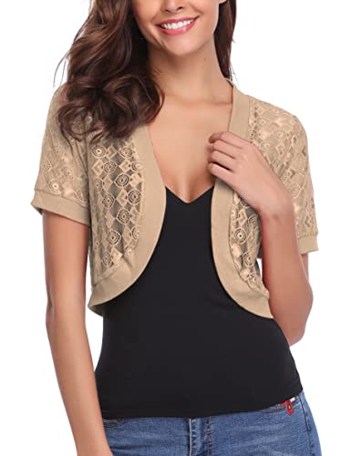 Totatuit Short Sleeve Bolero Jackets For Evening Dresses Summer Cropped Classic Crochet Sweaters Lace Floral Sheer Shrugs Khaki M #TOP2