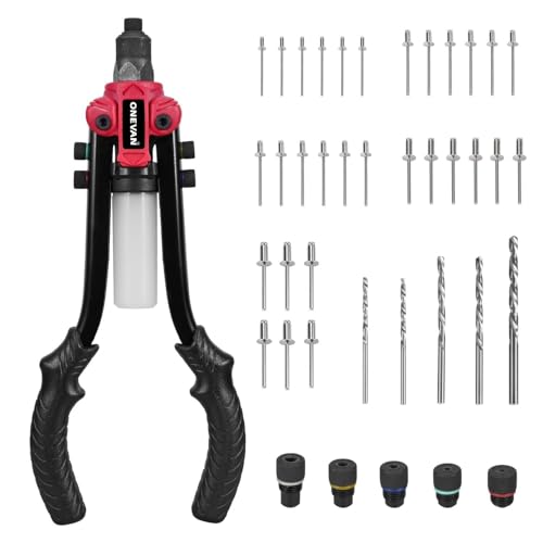 ONEVAN Juego de alicates de remache profesional – Remachadora ciega de doble palanca con 210 remaches, 5 boquillas de 2,4 – 6,4 mm, recipiente colector, alicates de remaches para coche, taller