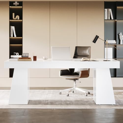 Image of Tribesigns 55-Inch Executive Desk, Large Wood Office Computer Desk with Double Pedestal, Modern Minimalist Workstations Writing Table Conference Table Furniture for Home Office, White