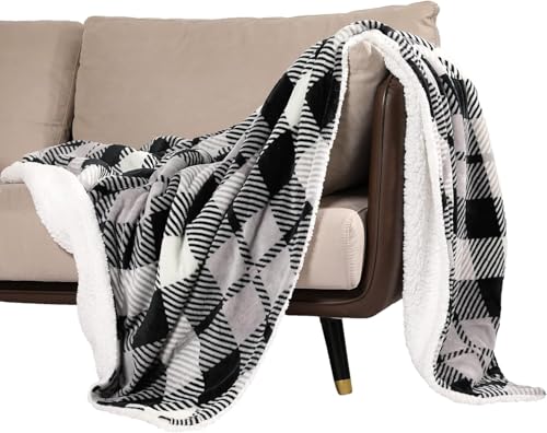 No Nonsense Products Sherpa Fleece Blanket Double Thick Ultra Soft Fluffy Throw Black & White Plaid Double Bed Size 228cm x 228cm