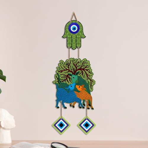 Image of Artvibes Tree of Life Deer Family Evil Eye Wall Hanging Decor | Nature Inspired Nazar Battu Protection Ornament | Rustic Spiritual Accent for Home Entrance | Living Room | Gift Item (WH 85146N)