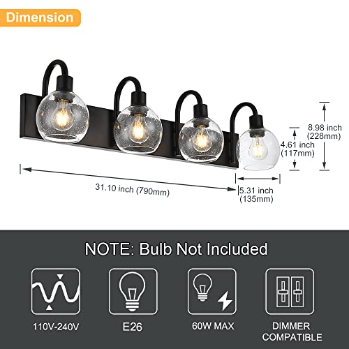 Image of 4-Lights Bathroom Vanity Light Fixtures with Seeded Glass Lampshades Black Industrial Wall Lighting for Over Mirror