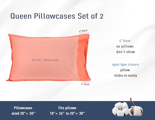 Pillow Cases, Standard Queen Size Cotton Percale Weave Pillowcases, Pre-Shrunk Breathable and Hypoallergenic Pillowcases, Set of 2 (2 Piece Standard/Queen 20 Inch x 30 Inch, Coral)
