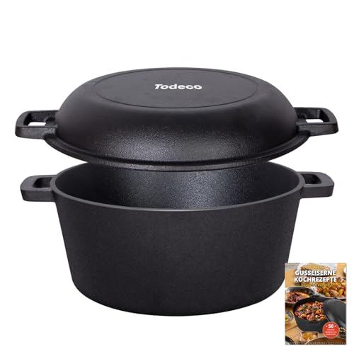 Todeco Marmite en Fonte 2 en 1 avec couvercle de poêle, 5L Dual Function Casserole en fonte, poêle...