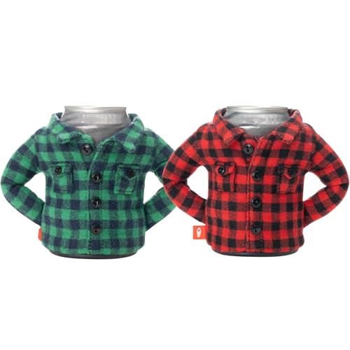 Puffin The Feller Bundle | Beverage Flannel Insulated 12 oz Can Cooler for Beer, Water, Soda & More | Red, Green