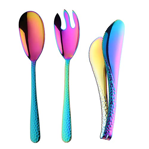 SUNSENGEUR Groß Salatbesteck Regenbogen Salatlöffel und Salatgabel 30.7 cm mit Küchenzangen 26.5 cm aus Rostfreim Edelstahl Salat Servierbesteck Set 3 Stück