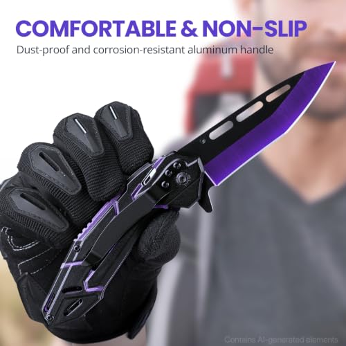 Image of FUNBRO Cool Pocket Knife for Men, Flipper Open Folding Knife with 3.4 inch Stainless Steel Sharp Blade, EDC Knives with Clip for Outdoor Camping Hiking, Gifts for Him Dad Husband (Deep Purple)