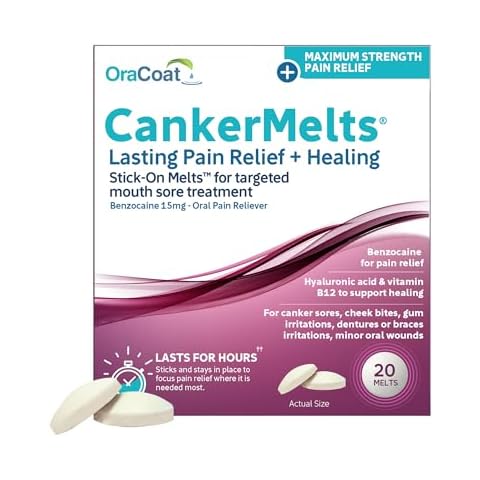 Oracoat CankerMelts Canker Sore Treatment, 20 Stick-On Melts with Benzocaine, Hyaluronic Acid & Vitamin B12, Fast Acting Oral Pain Reliever for Mouth Cover