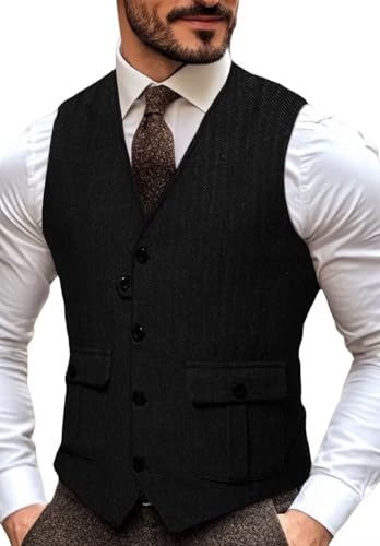 Men's Classic Herringbone Vest Single Breasted Slim Fit Casual Tweed Blended Waistcoat