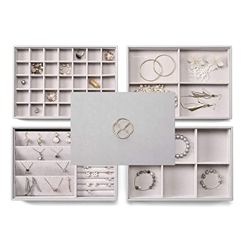 Vlando Jewelry Tray - Faux Leather Multi-Layer Jewelry Earring Necklace Bracelet Rings Display Storage Organizer For Desktop Drawer, 4-Layer W/Lid, Grey #TOP2